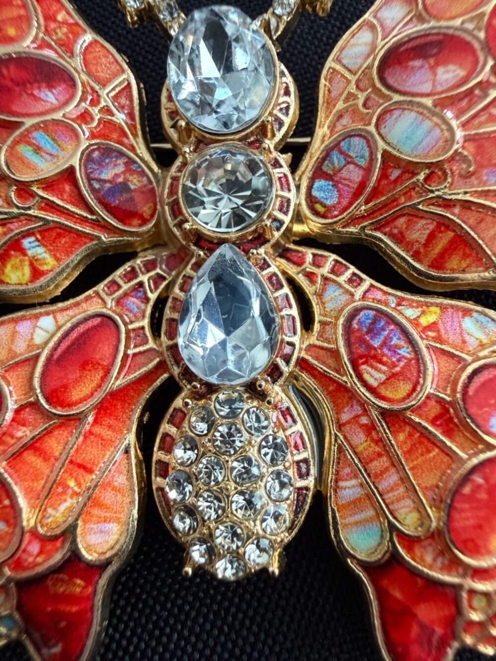 Large Red & Coral Enamel Butterfly Brooch – Iridescent Wings, Crystal Body, Gold - Picture 2 of 5